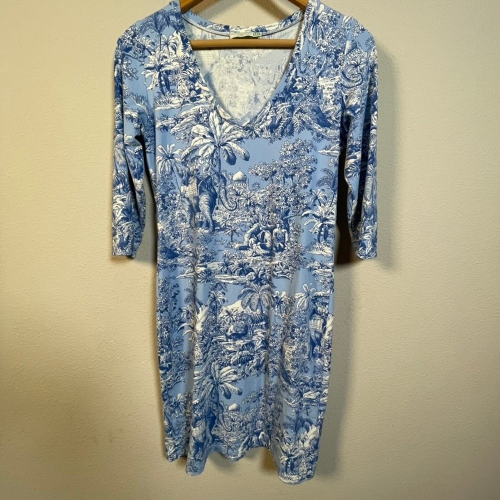 Manuel Canovas Dress Women 8/10 Blue Toile De Jouy Tropical Coastal Travel